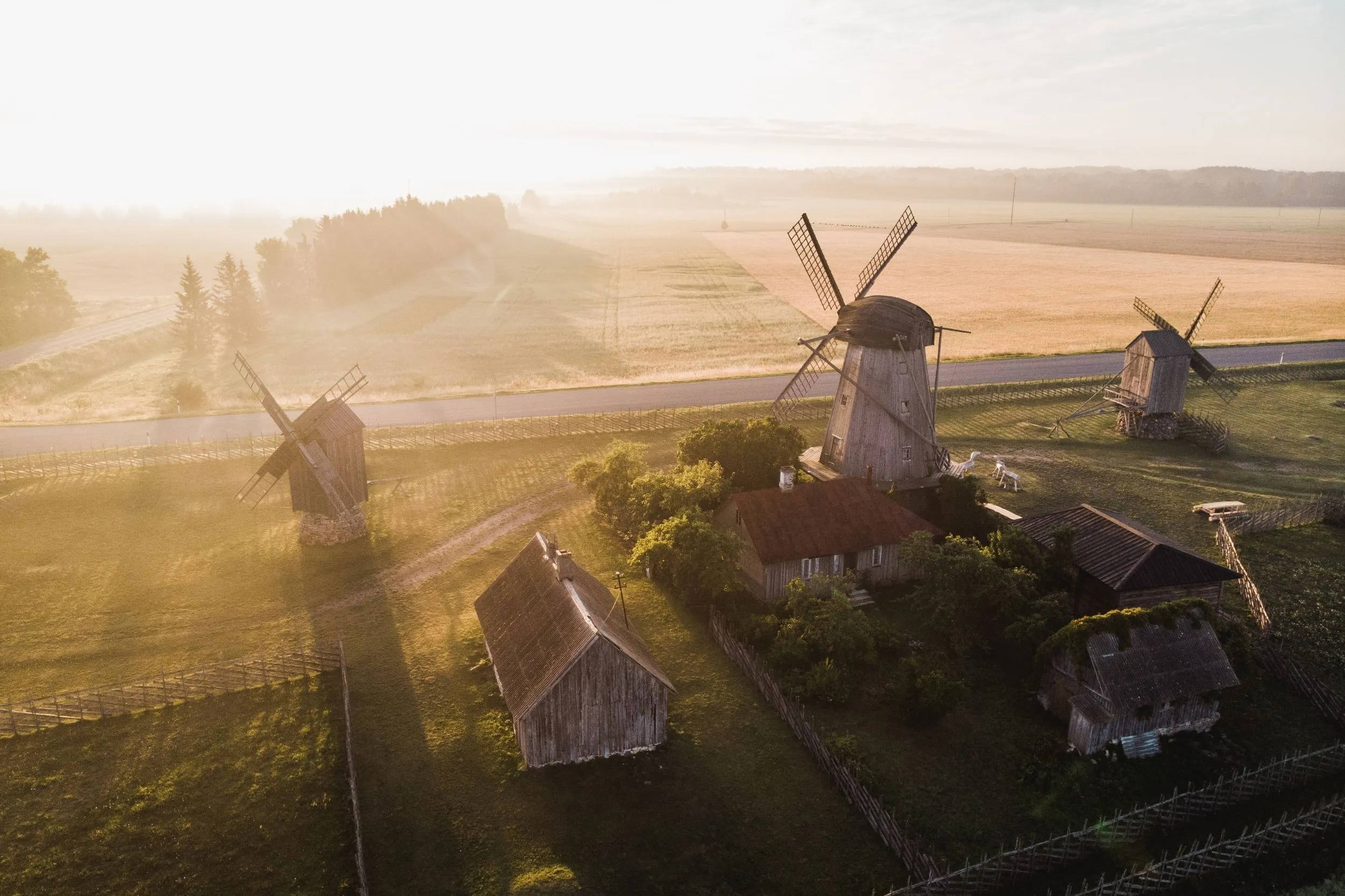 Aerial view of Angla Windmill Park in Saaremaa, Estonia, photographed by Priidu Saart for Visit Saaremaa